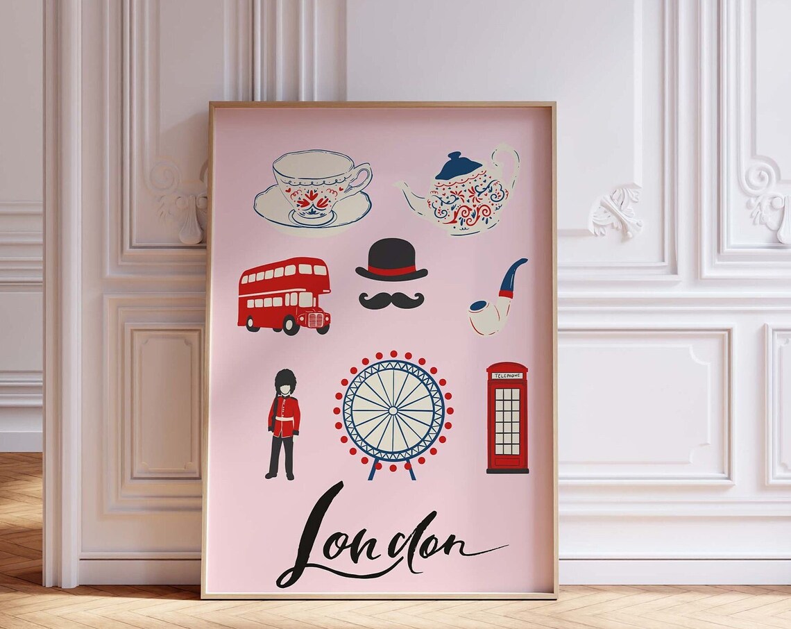 London Pink Travel Poster with Classic Icons and Script Lettering
