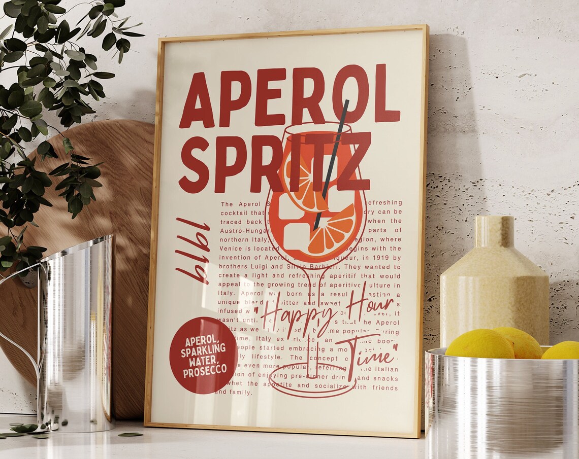 Aperol Spritz Bold Retro Italian Cocktail Recipe Bar Cart Poster