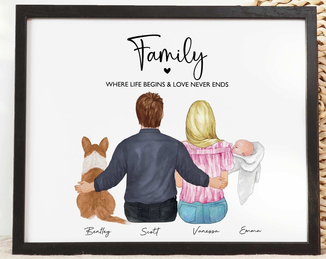 Mothers Day Family Gift Customizable Family Wall Art With Baby Pet Dad Mom And Newborn Illustration Personalized Family Portrait With Dog