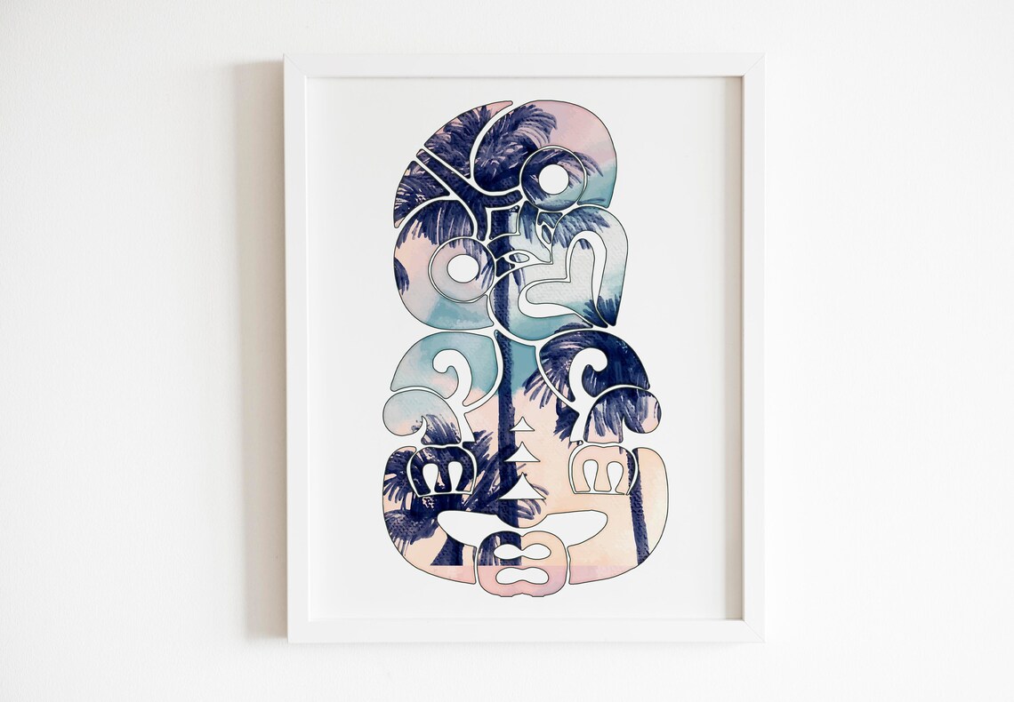 Palm Tree Sunset Watercolor Maori Tiki Tribal Totem Art Poster