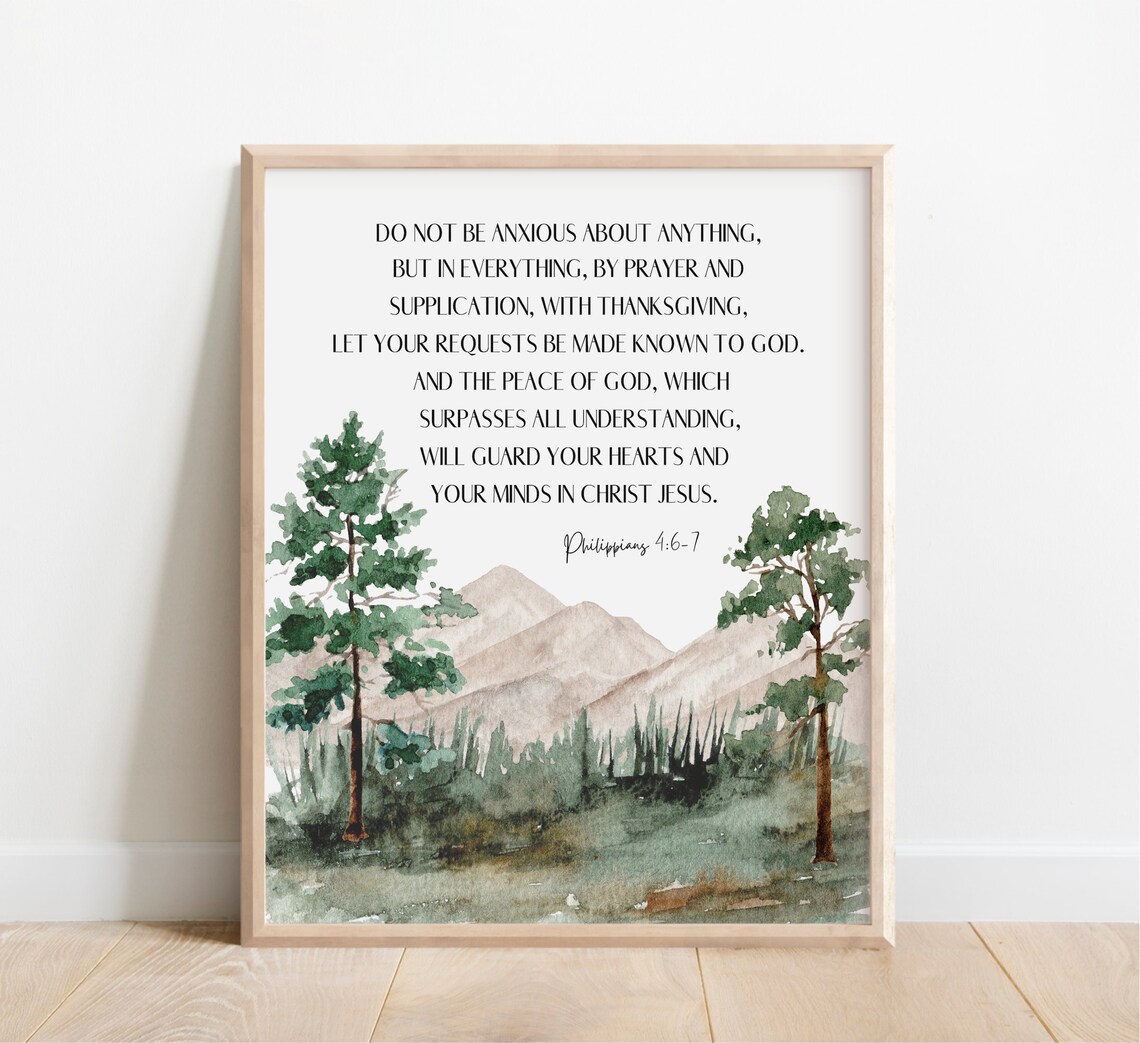 Philippians 467 Do Not Be Anxious About Anything Bible Verse Wall Art Scripture Print Christian Gift Watercolor Mountain Wilderness