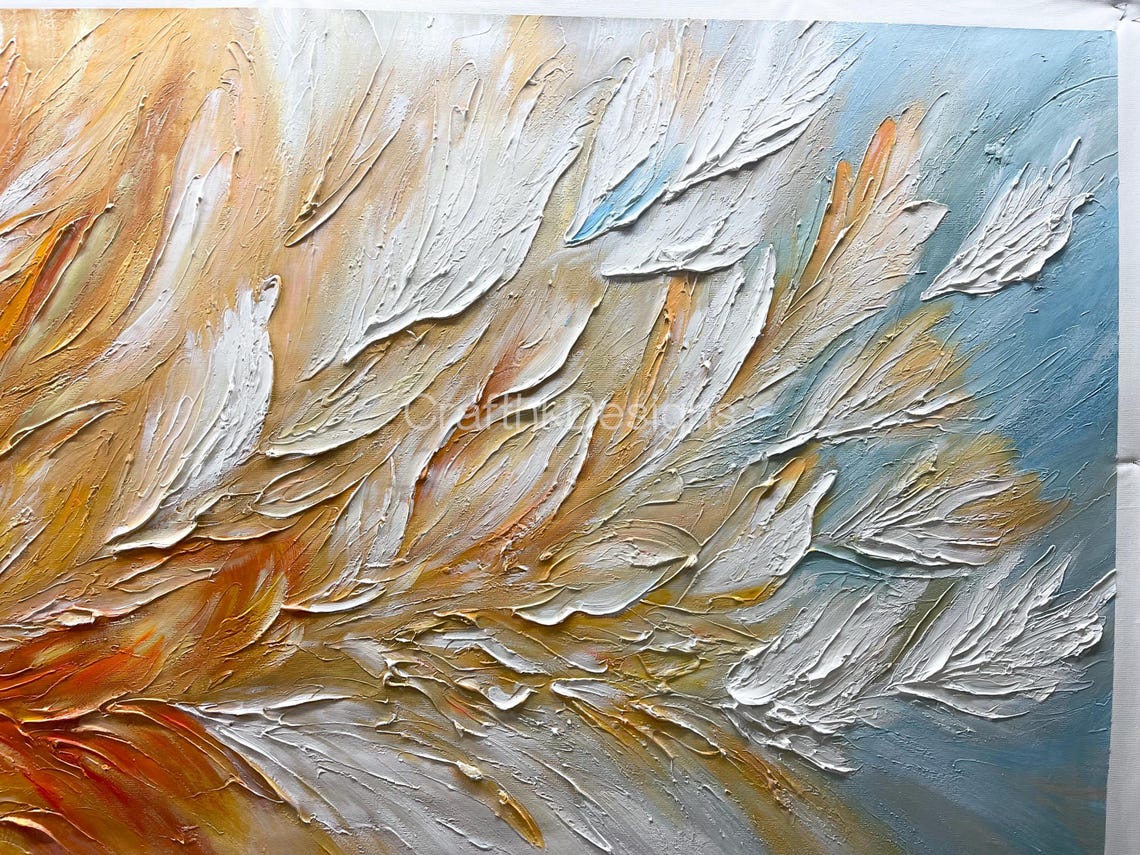 Warm Amber Abstract Feather Texture Thick Oil Painting Art Print - Image 4