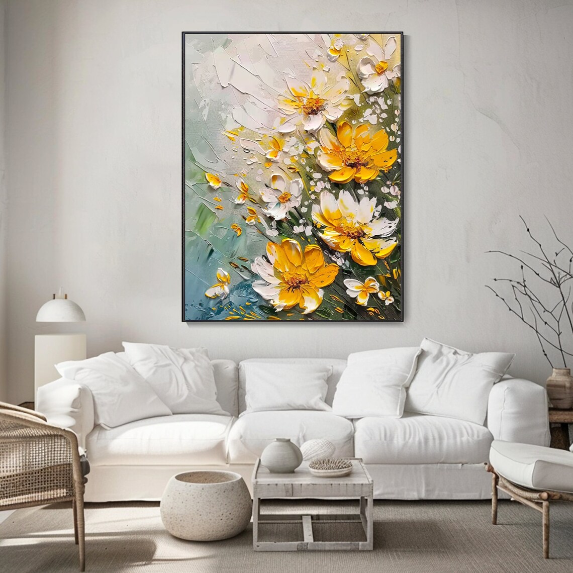 Yellow White Wildflowers Meadow Impasto Floral Oil Painting Art Print - Image 4