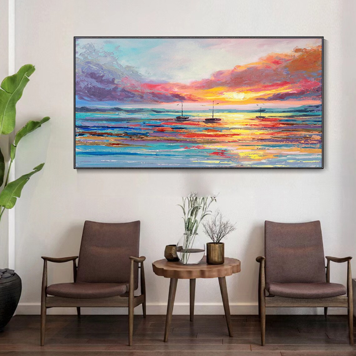 Vibrant Sunset Seascape Sailboats Ocean Reflections Oil Painting Poster - Image 4