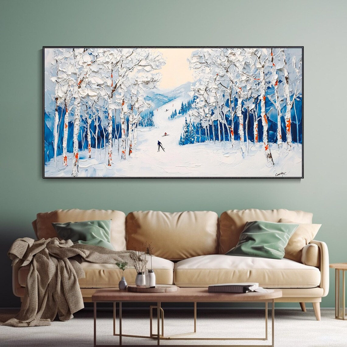 Original Winter Forest Hand Oil Painting Large Snow Skiing Sport Art Abstract Snow Wall Deco Vacation Memorial Gift Fashion Living Room Deco - Image 3