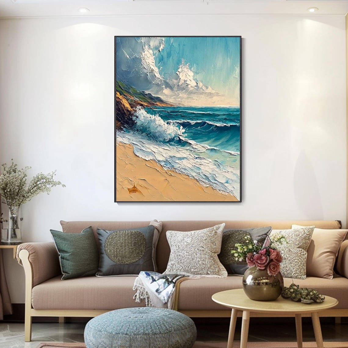 Sandy Beach Ocean Waves Crashing Cliffs Turquoise Seascape Art Poster - Image 5