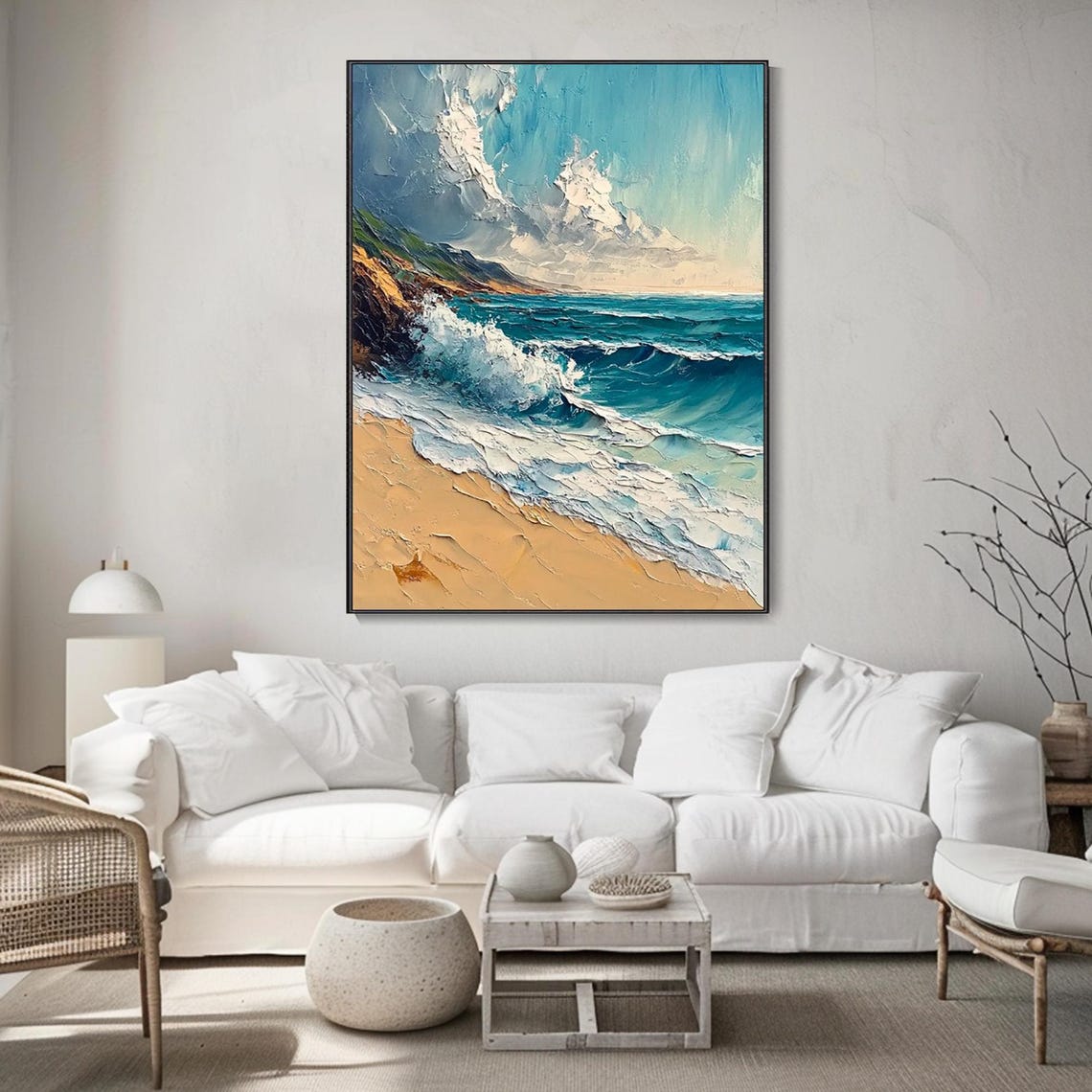 Sandy Beach Ocean Waves Crashing Cliffs Turquoise Seascape Art Poster - Image 2