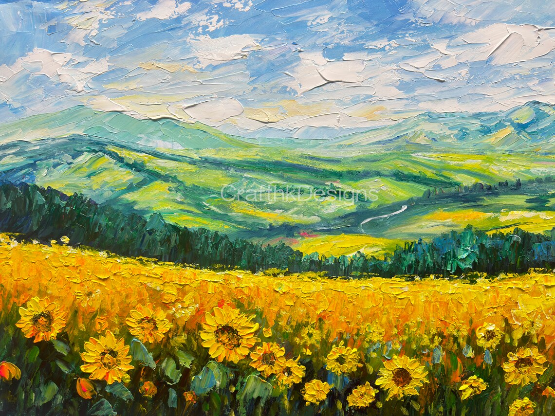 Sunflower Field Mountain Valley Blue Sky Summer Landscape Art Poster - Image 5