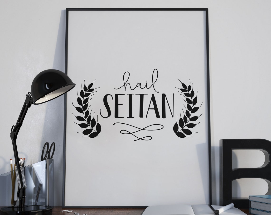Hail Seitan Funny Vegan Kitchen Poster Botanical Laurel Wreath Decor