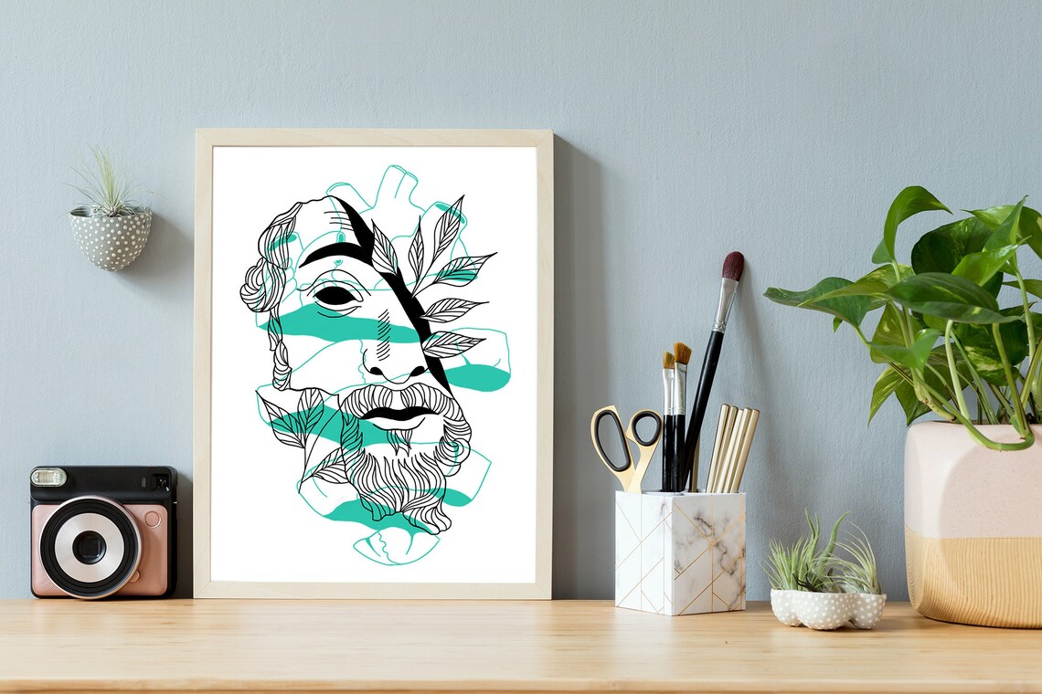 Wisdom Bearded Greek Statue Face Leaves Teal Line Art Poster - Image 2