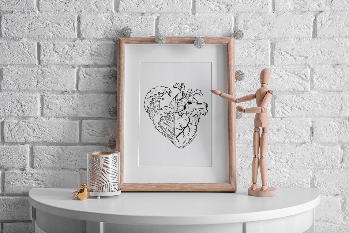 Heartwaves Ocean Wave Anatomical Heart Black Ink Line Art Poster - Image 3