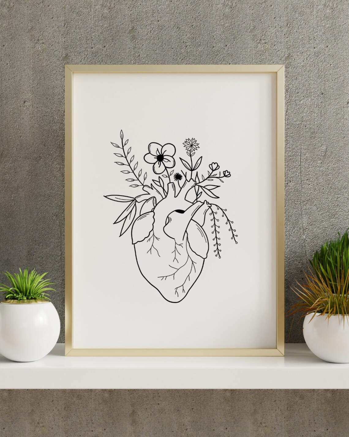 Heart Flowers Anatomical Heart Bloom Line Art Black and White Poster - Image 3