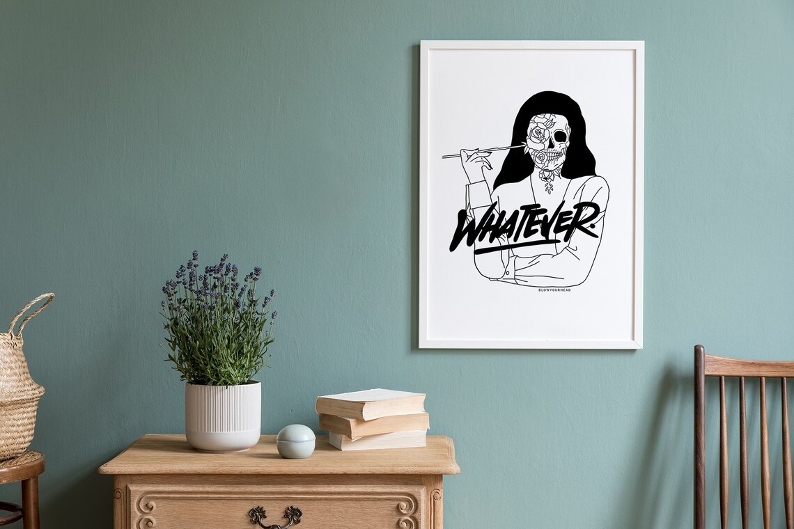 Whatever Smoking Rose Skull Woman Bold Attitude Graphic Art Poster - Image 3