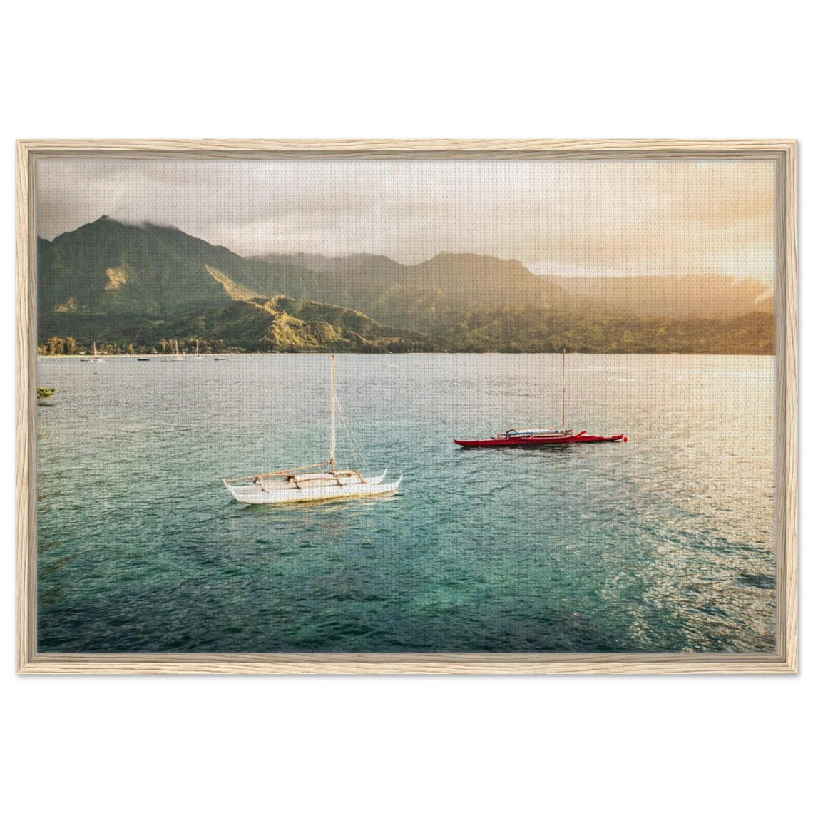Hanalei Bay Kauai Outrigger Canoes Golden Water Mountain View Print