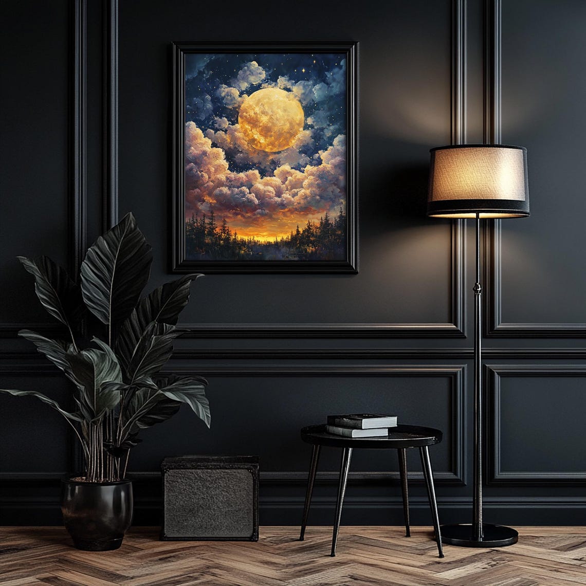 Misty Golden Full Moon Among Clouds Starry Night Forest Art Print - Image 5