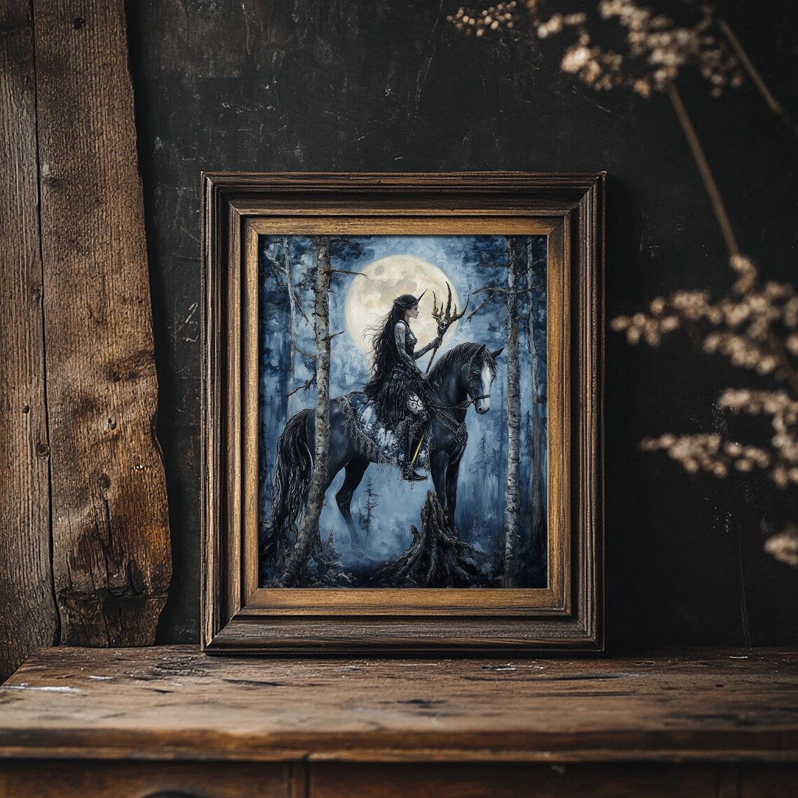 Unicorn Girl On Black Horse Moonlit Enchanted Forest Night Print - Image 3