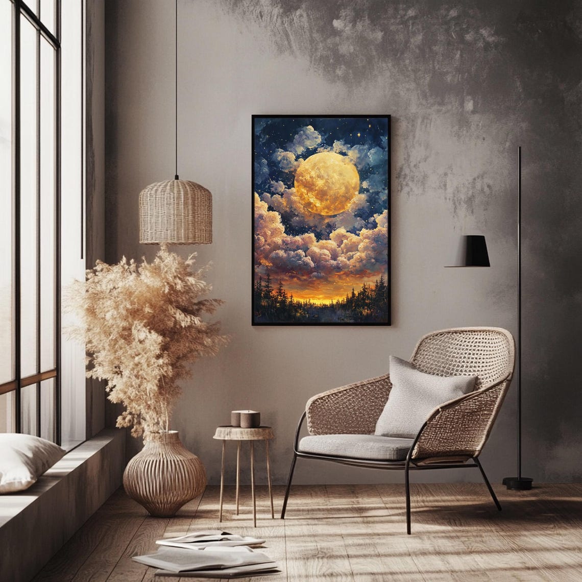 Misty Golden Full Moon Among Clouds Starry Night Forest Art Print - Image 3