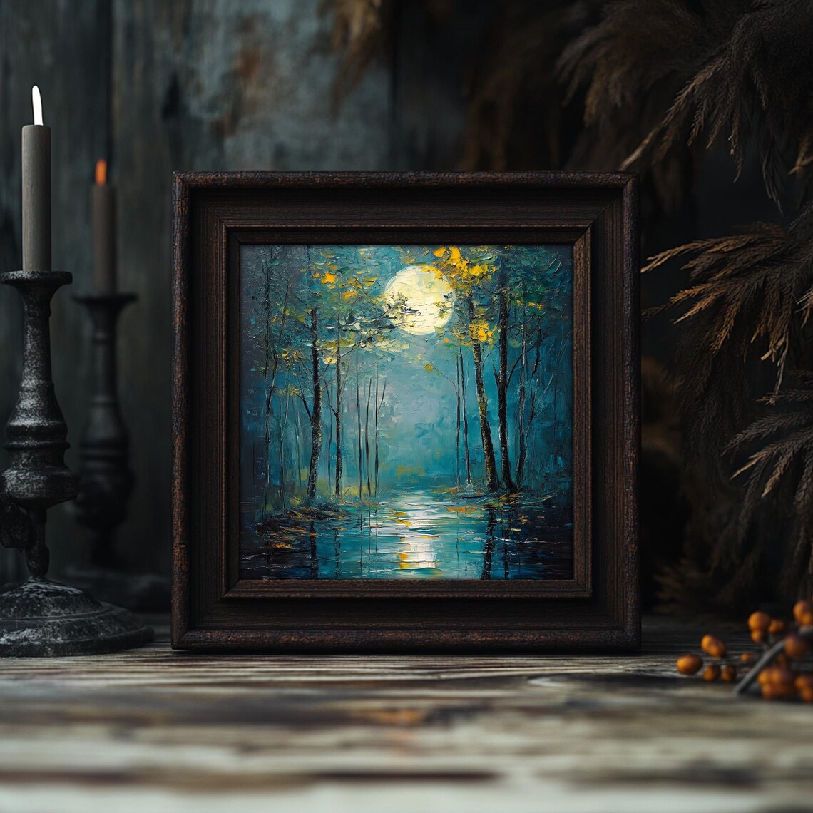 Forest Under Moonlight, Autumn Woods Landscape Art Print - Image 5