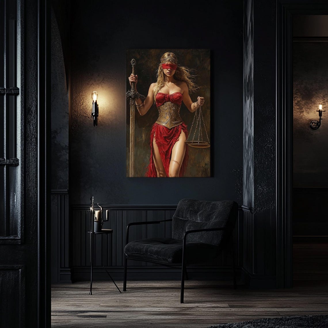 Justitia Justice Goddess In Red With Sword And Scales Art Print - Image 3