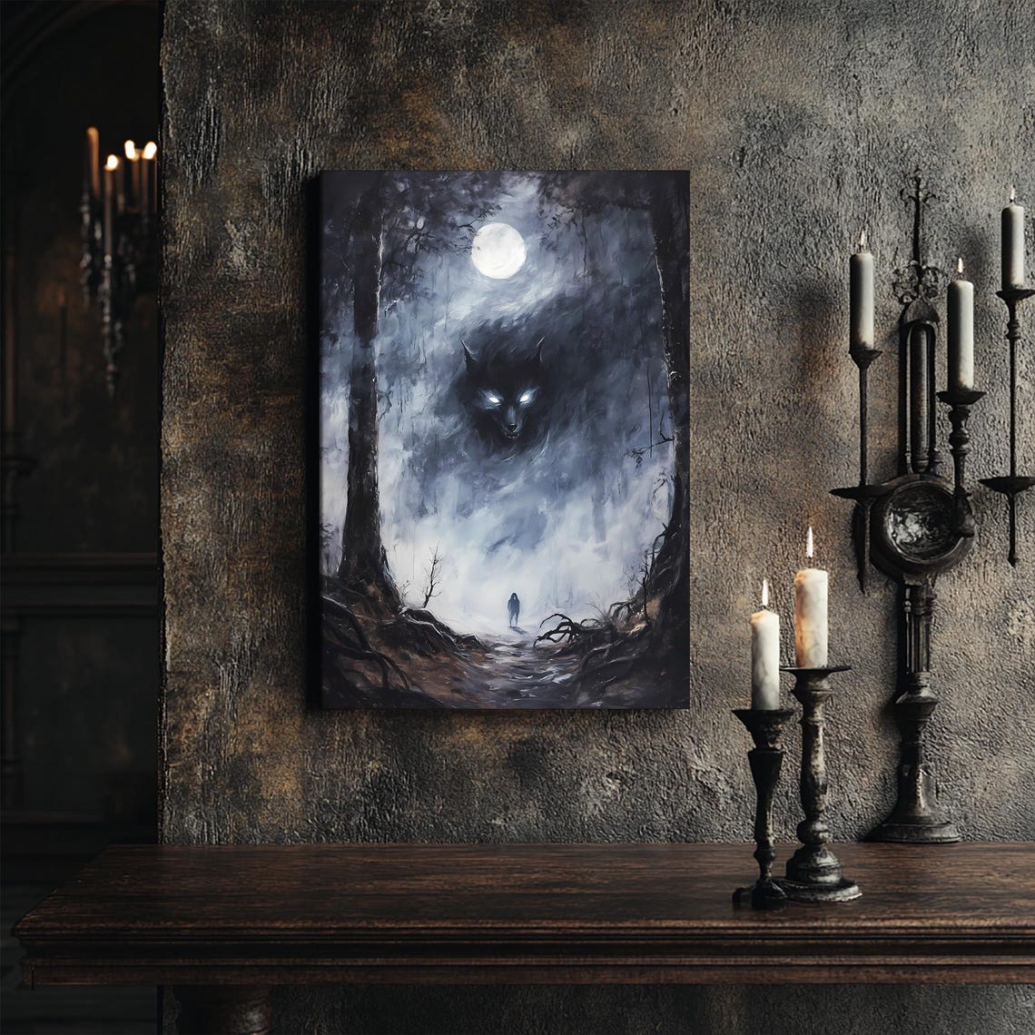 Wolf Spirit Looming Over Wanderer In Misty Moonlit Forest Print - Image 4