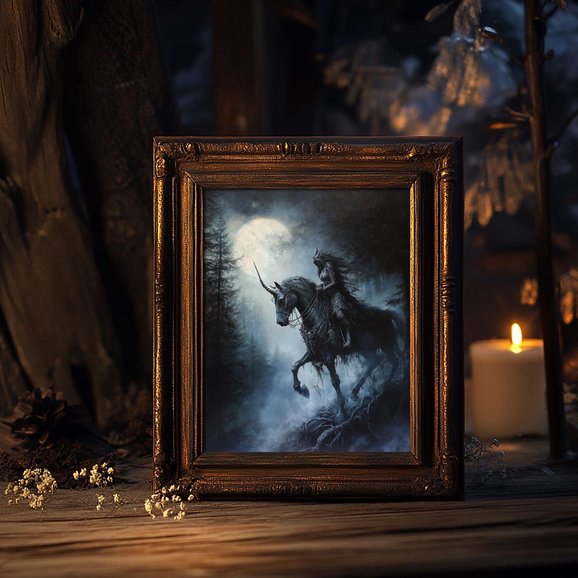 Dark Forest Guardian Riding Black Unicorn Under Full Moon Print - Image 7