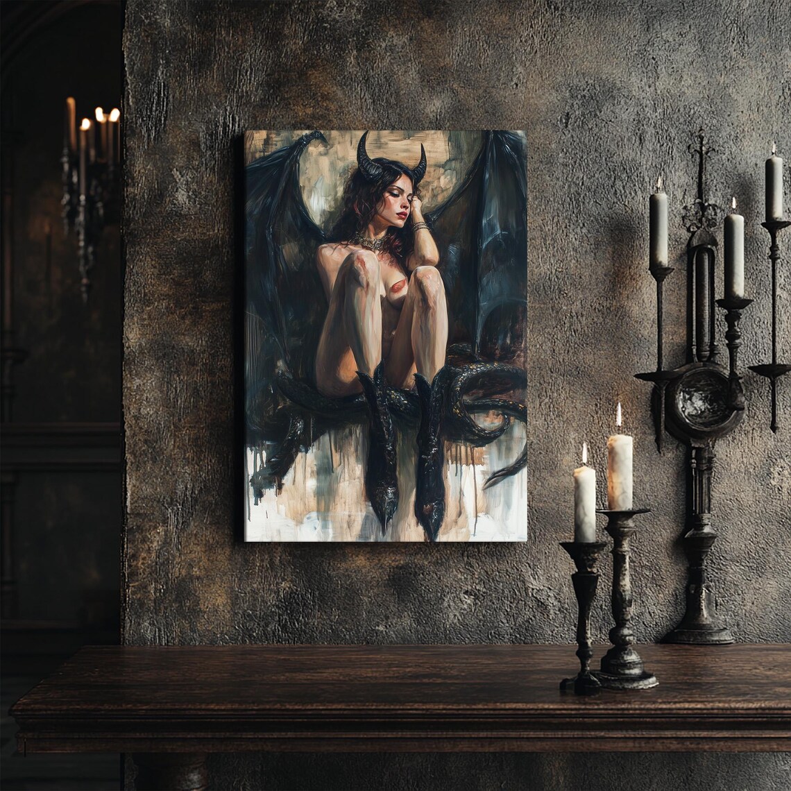 Lilith Nude Goddess Fantasy Art Print, Horned Dragon - Image 6