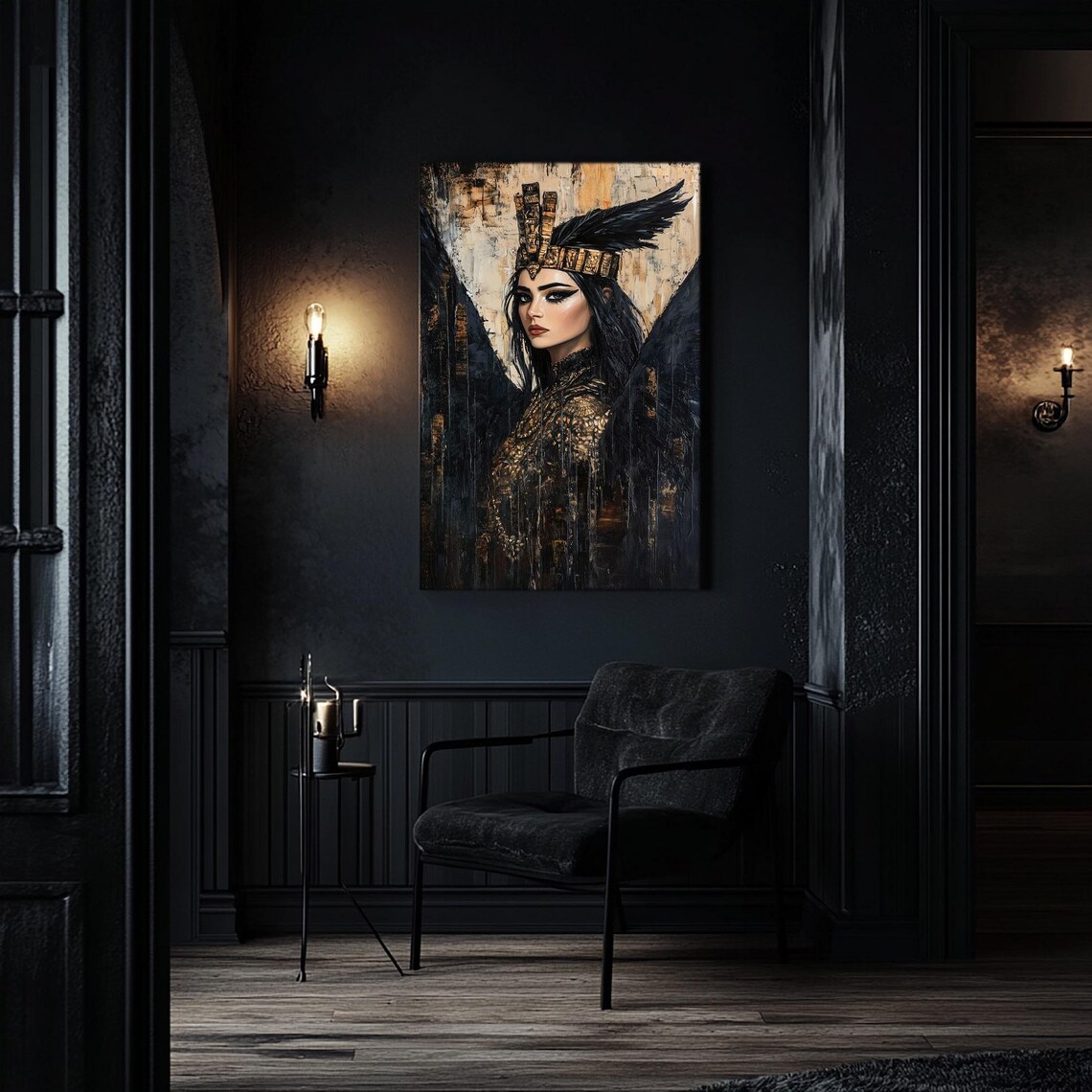 Beautiful Maat Egyptian Goddess Portrait Black Wings Gold Art Print - Image 2