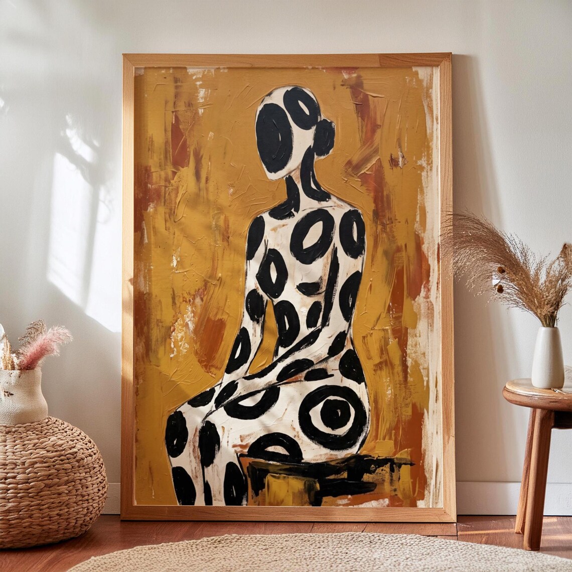 Abstract Woman Polka Dot Figure Gold Background Modern Neutral Art Poster
