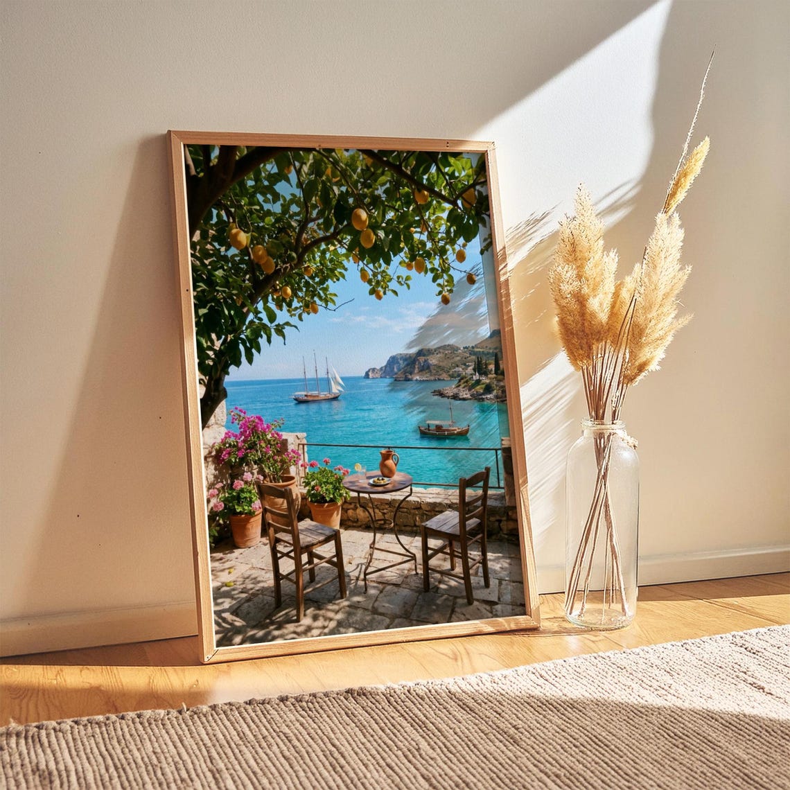 Mediterranean Seaside Terrace Lemon Tree Coastal Summer View Poster