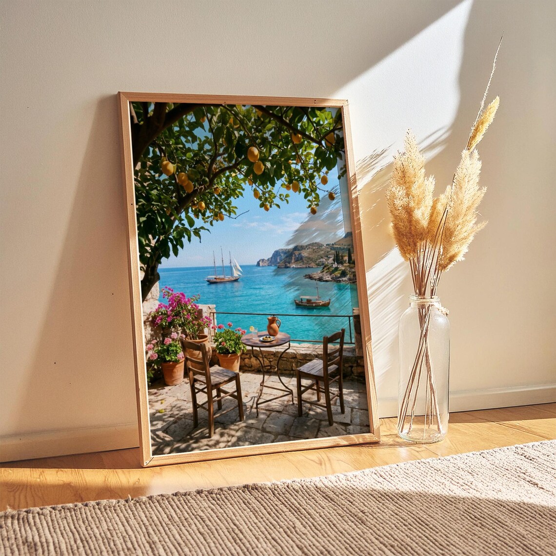 Mediterranean Seaside Terrace Print Lemon Tree Summer Coastal Wall Art Digital Download