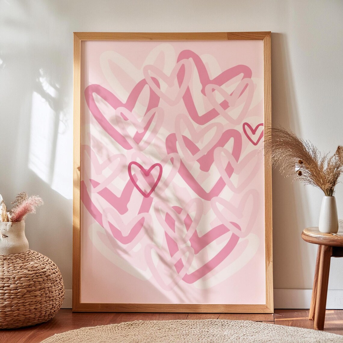 Pink Hearts Abstract Art Print, Girly Preppy Room Decor