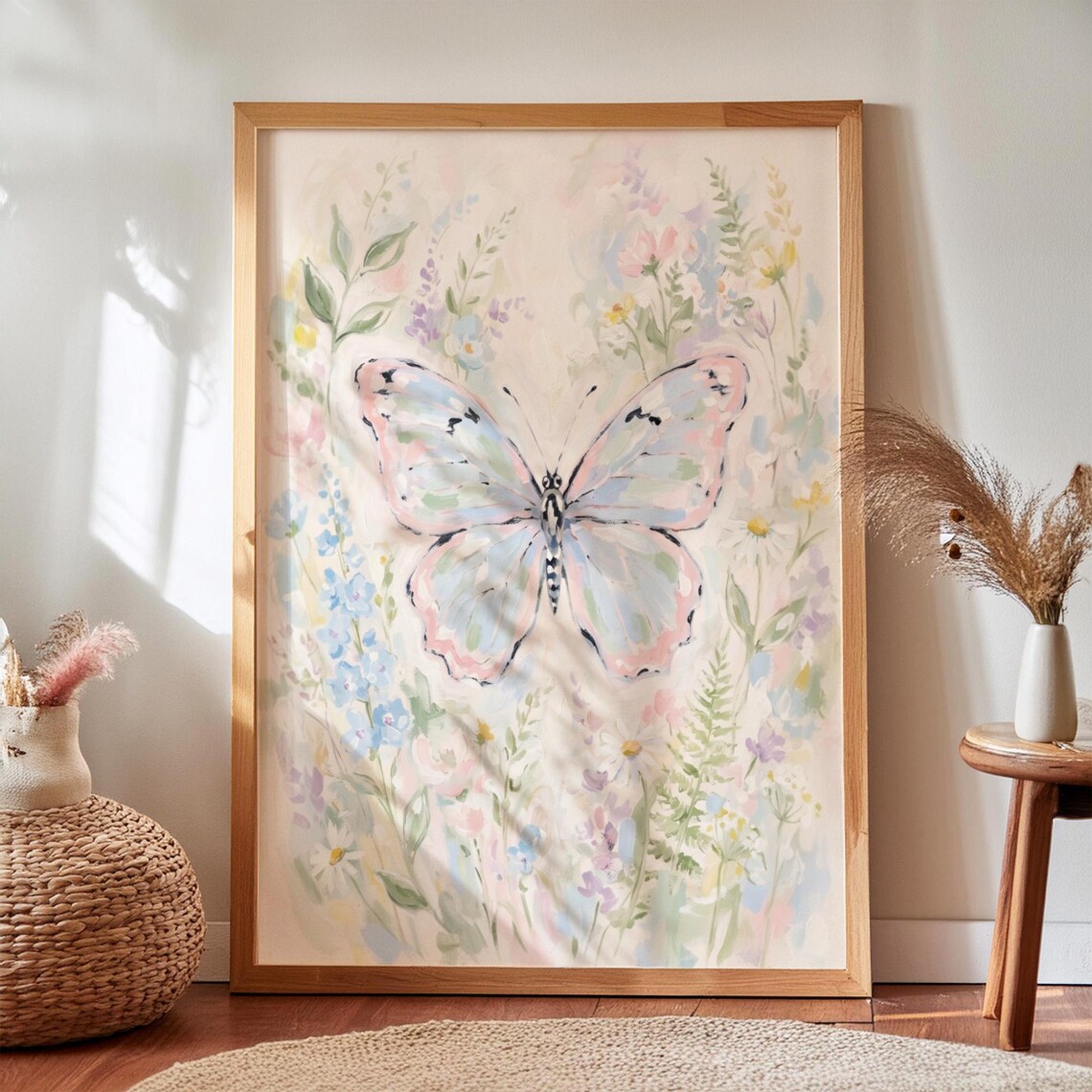 Pastel Butterfly Floral Wildflower Watercolor Pink Blue Dorm Room Poster
