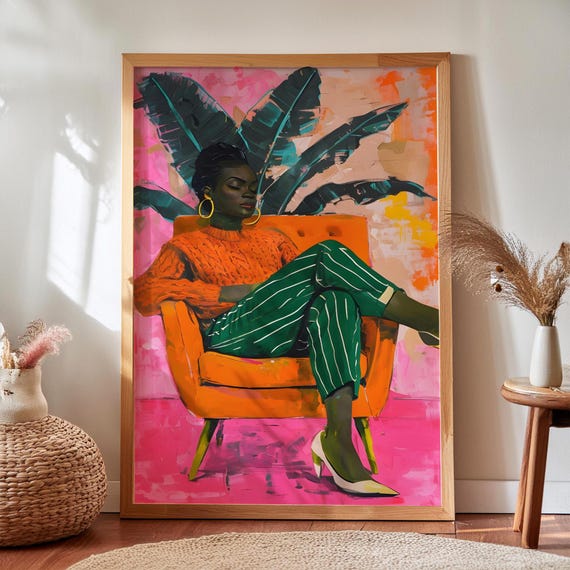 Afro Woman Lounge Chair Art Print Colorful Abstract Figurative Painting Digital Download