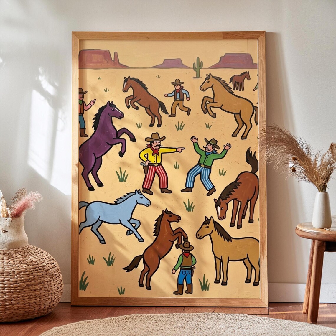 Western Folk Art Cowboys And Horses Desert Ranch Scene Poster