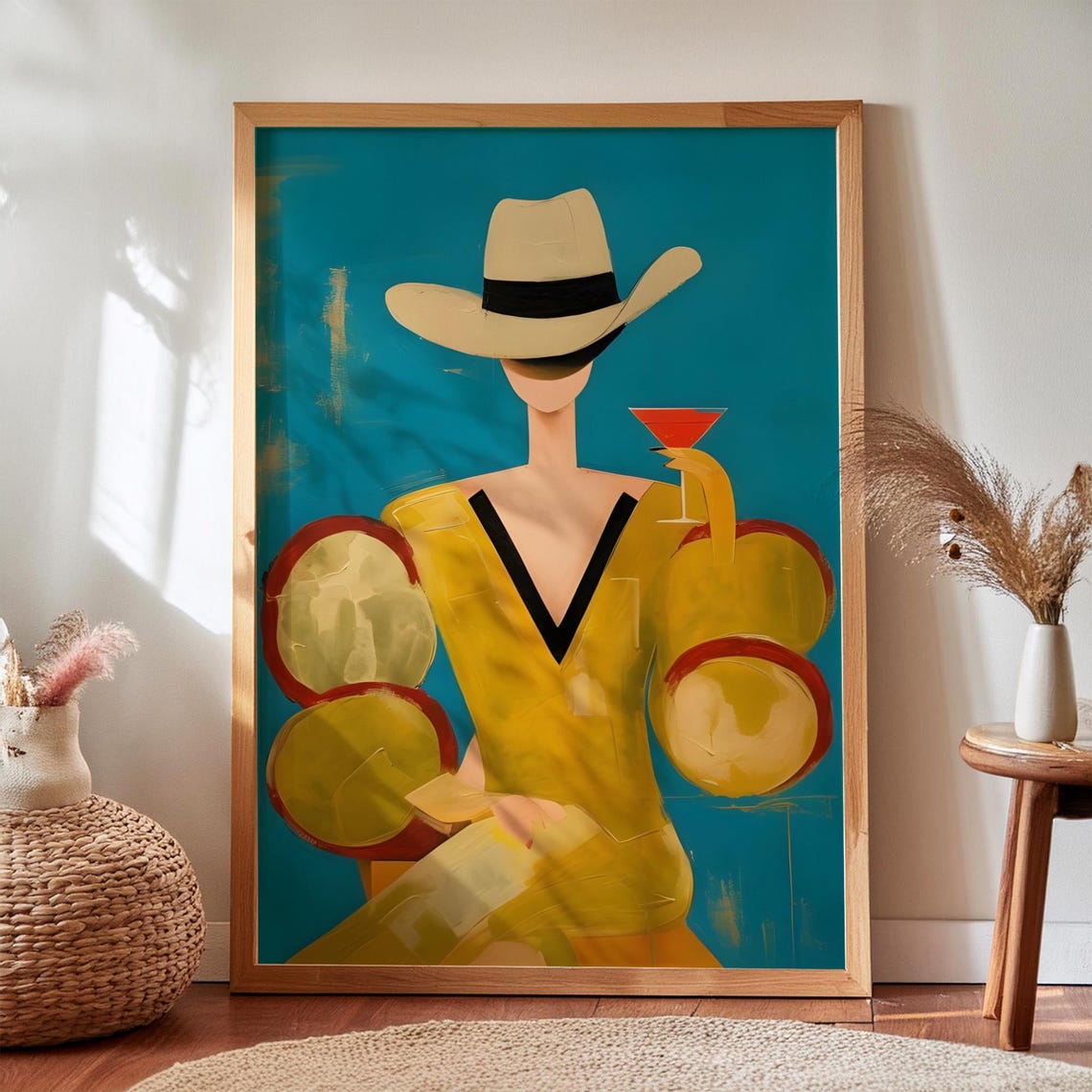 Stylish Cowgirl With Martini Teal Background Modern Western Poster