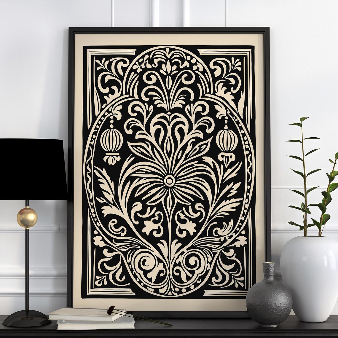 Black Cream Rococo Ornamental Floral Victorian Botanical Poster