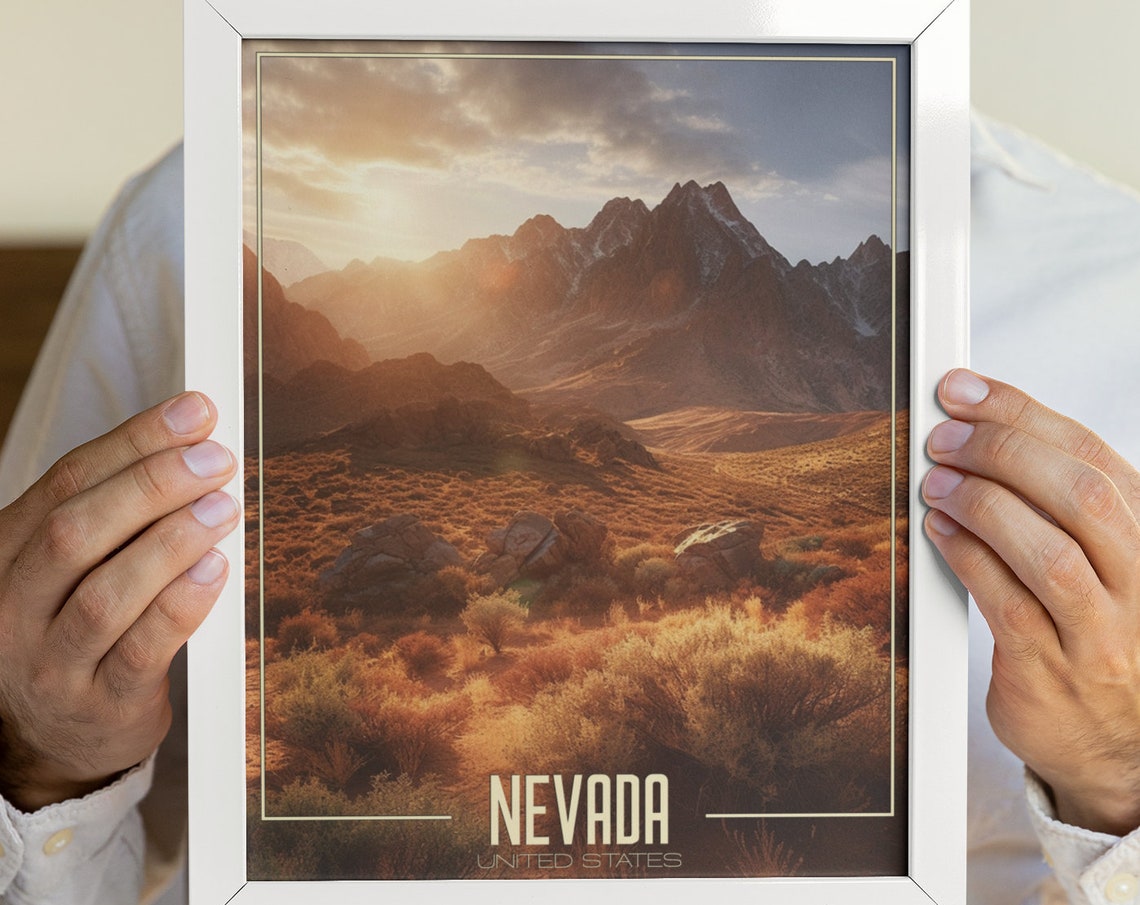 Nevada Desert Mountains Golden Sunset Rugged Wilderness Travel Poster
