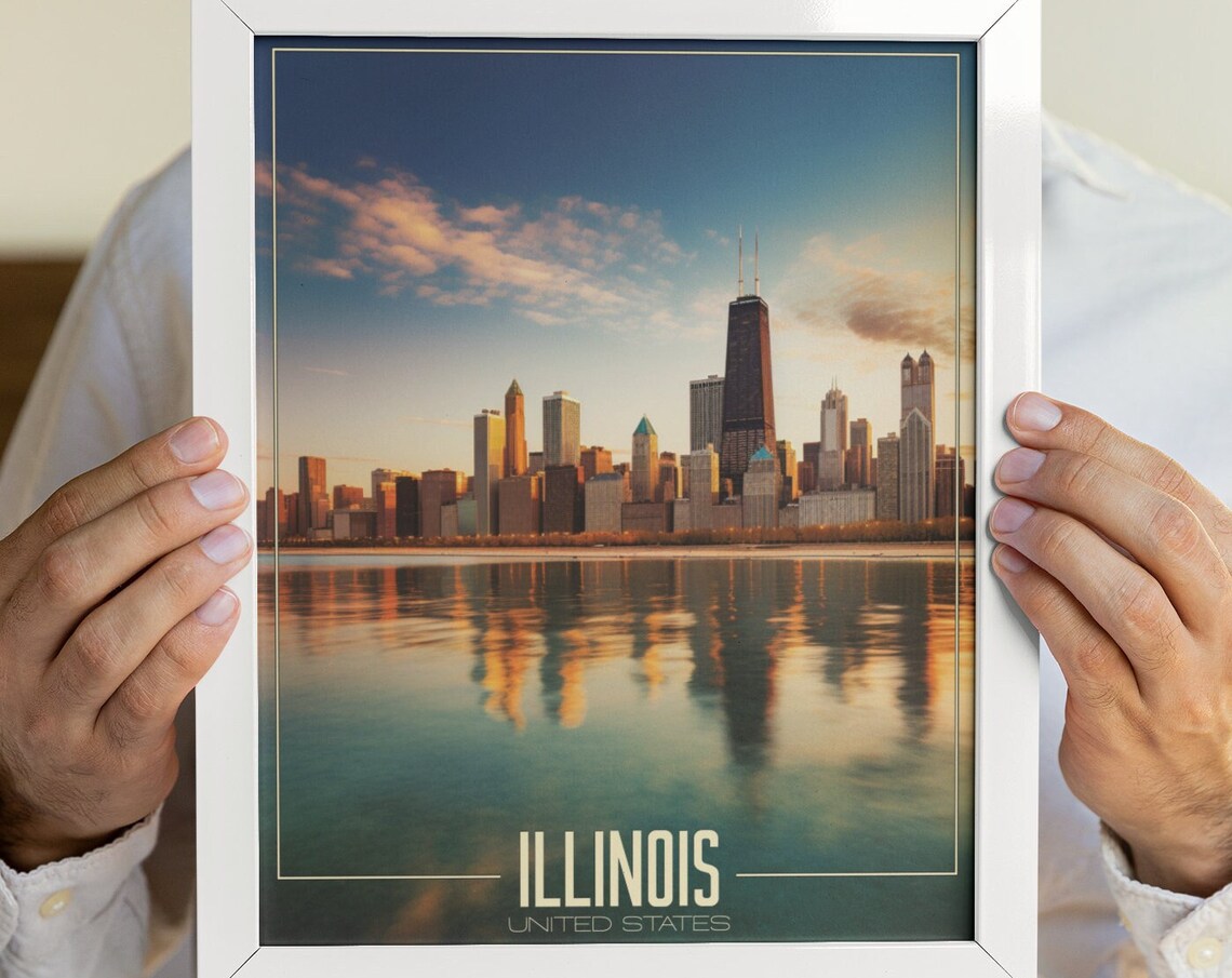 Illinois Chicago Skyline Sunset Lake Michigan City Skyline Poster