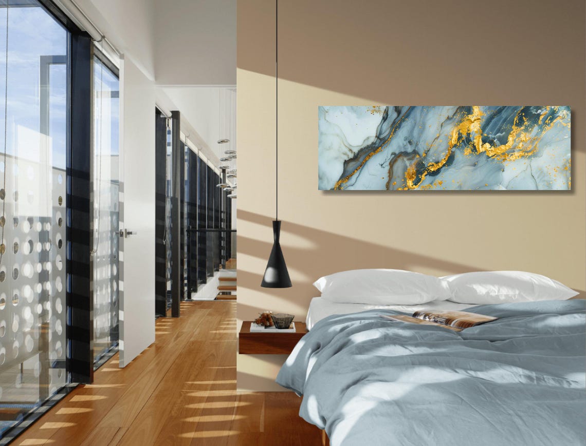 Blue And Gold Abstract Marble Fluid Long Panoramic Art Poster - Image 2