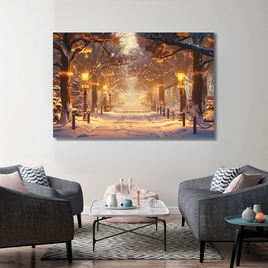 Snowy Winter Avenue Glowing Lampposts Warm Holiday Lights Poster - Image 2