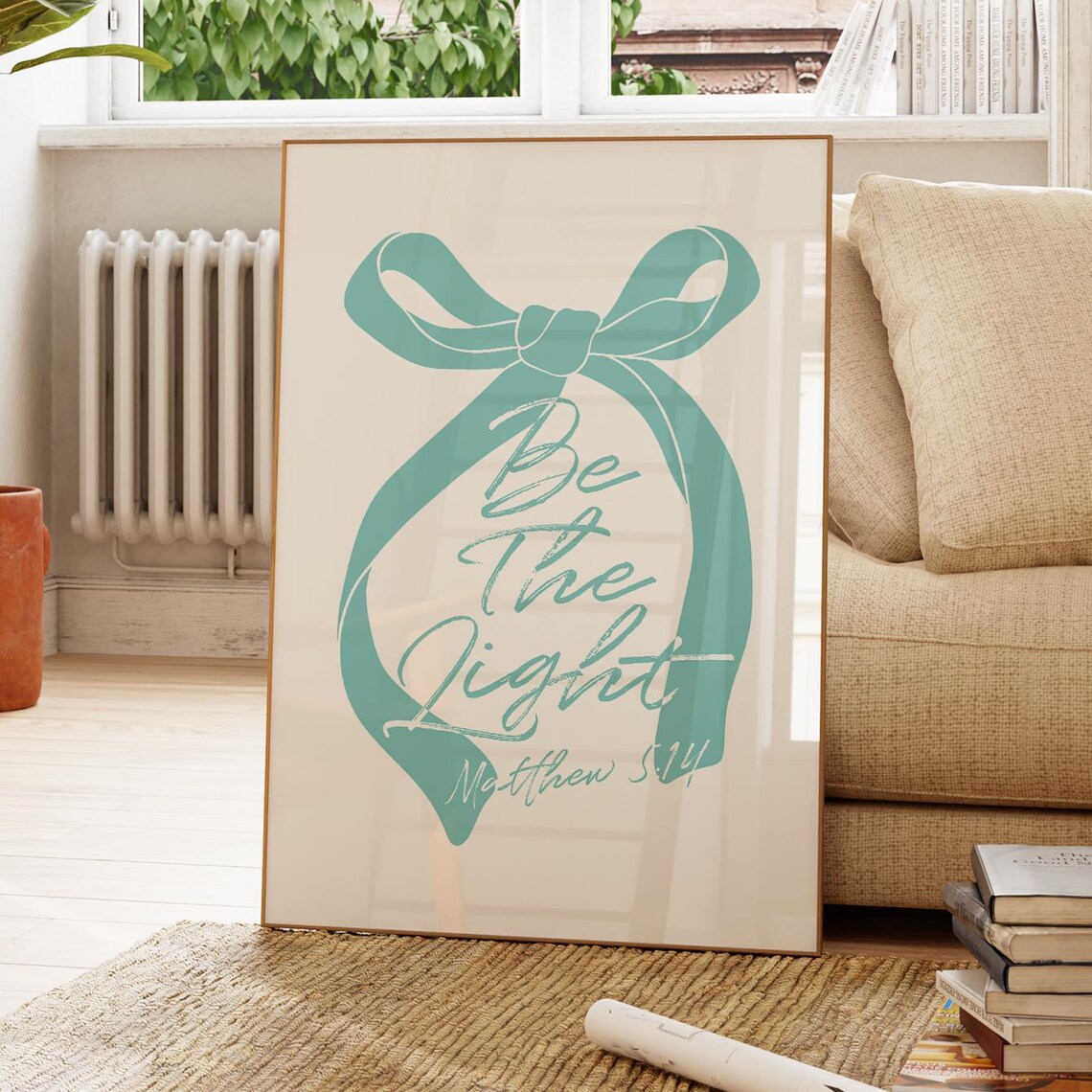 Be the Light Matthew 5:14 Turquoise Bow Christian Quote Poster