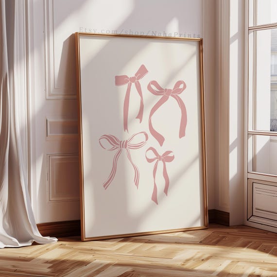 Light Pink Bows Print Preppy Wall Art Beige Coquette Room Decor College Apartment Girly Balletcore