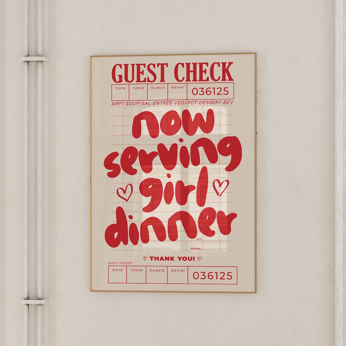 Cute Cooking Guest Check Art Print, Red Girl Dinner