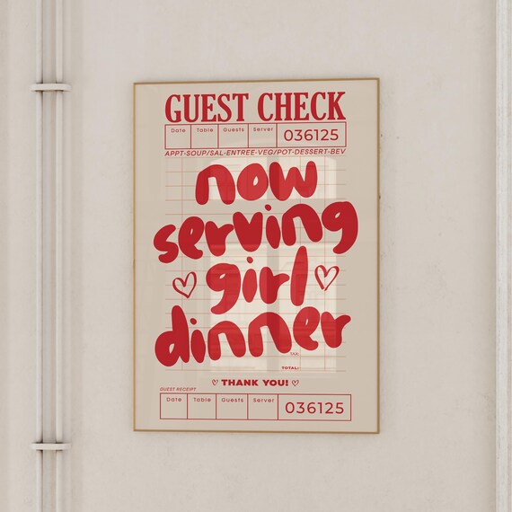 Cute Cooking Guest Check Art Print, Red Girl Dinner
