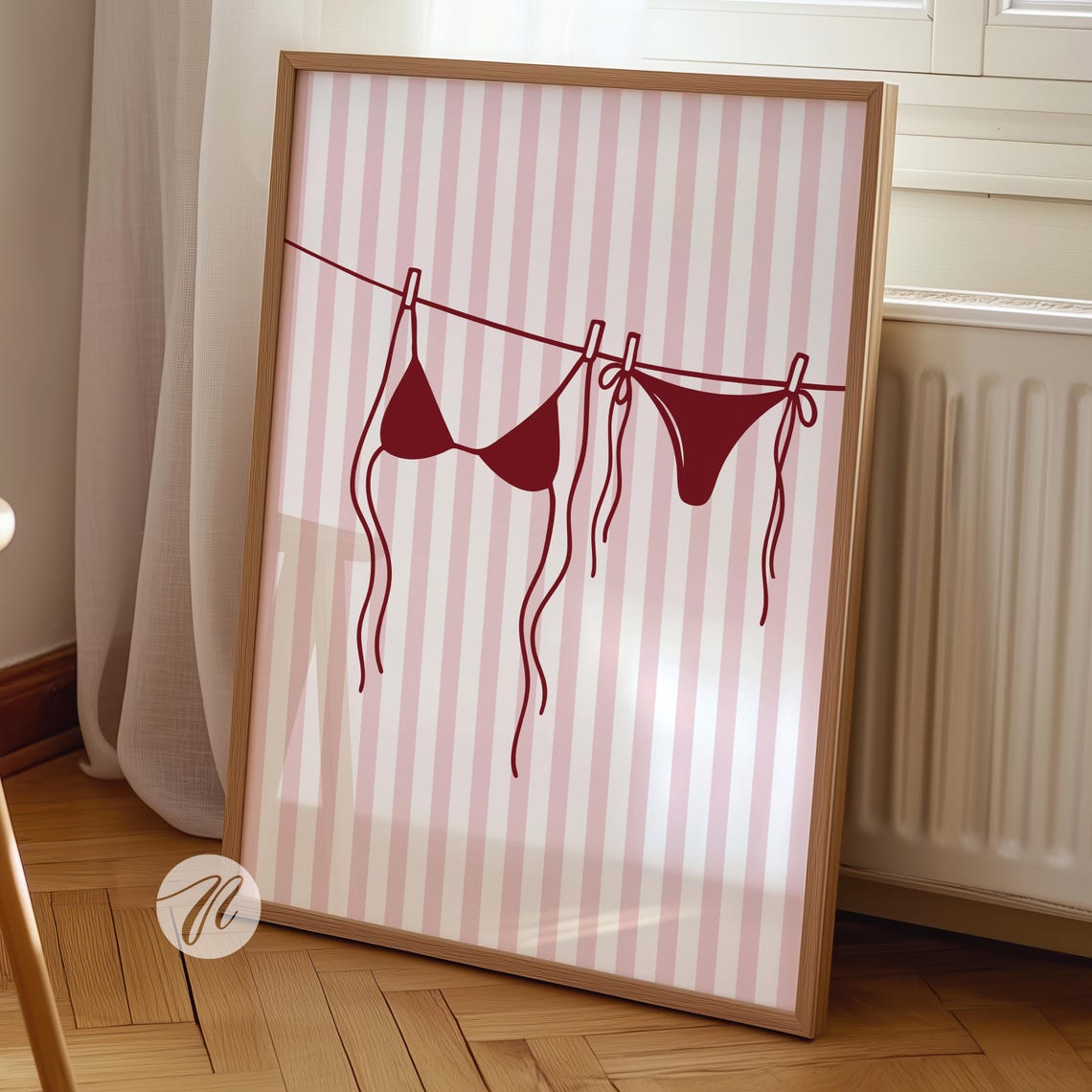 Red Bikini Line Art on Pink Stripes Beachy Wall Decor Poster