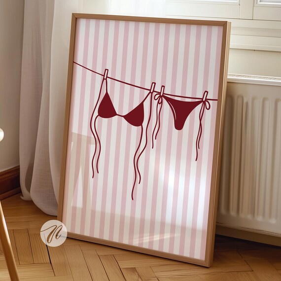 Red Bikini Line Art on Pink Stripes Beachy Wall Decor Poster