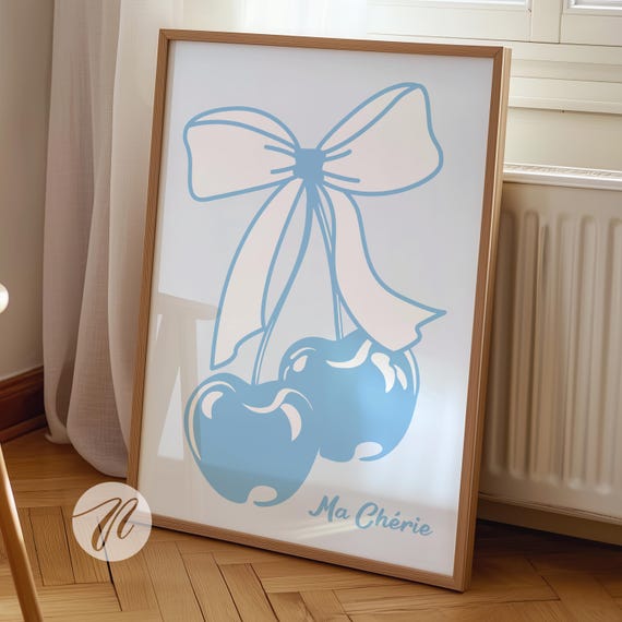 Blue Cherry Bow Print Ma Cherie Poster Preppy Wall Art Coastal Cowgirl College Apartment Decor Girly Room Beachy