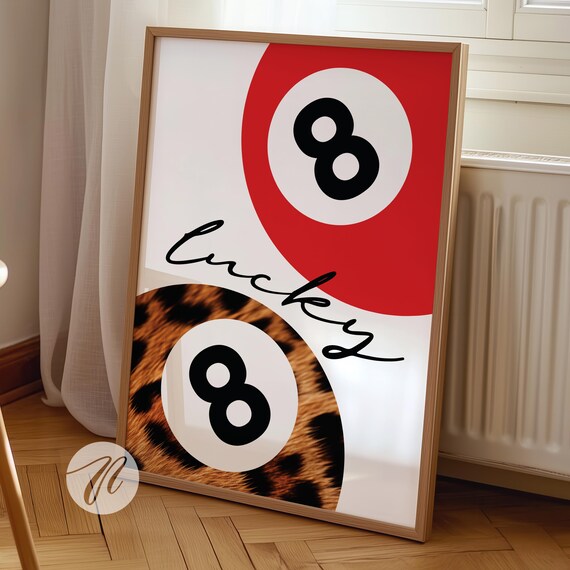 8 Ball Leopard Print Retro Lucky Girl Poster Red Vintage Pool Wall Art Y2k Apartment Decor Funky Eight Bar Cart