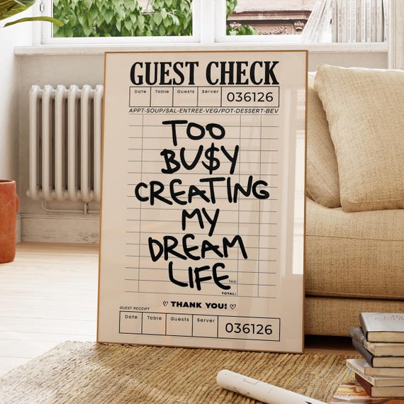 Guest Check Prints Trendy Wall Art Beige And Black Poster Preppy Decor Retro Bar Cart Neutral