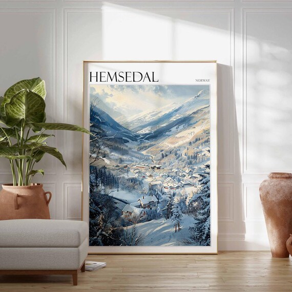 Hemsedal Norway Painterly Snowy Pine Valley Village Travel Poster